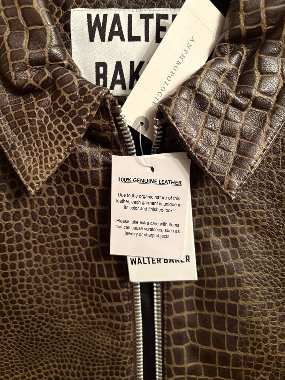 Walter Baker Dark Brown Croc-Embossed Leather Zip Jacket - Picture 3 of 6